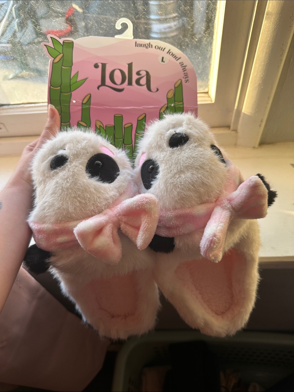 lola Pink Plush Panda Slippers with Bows